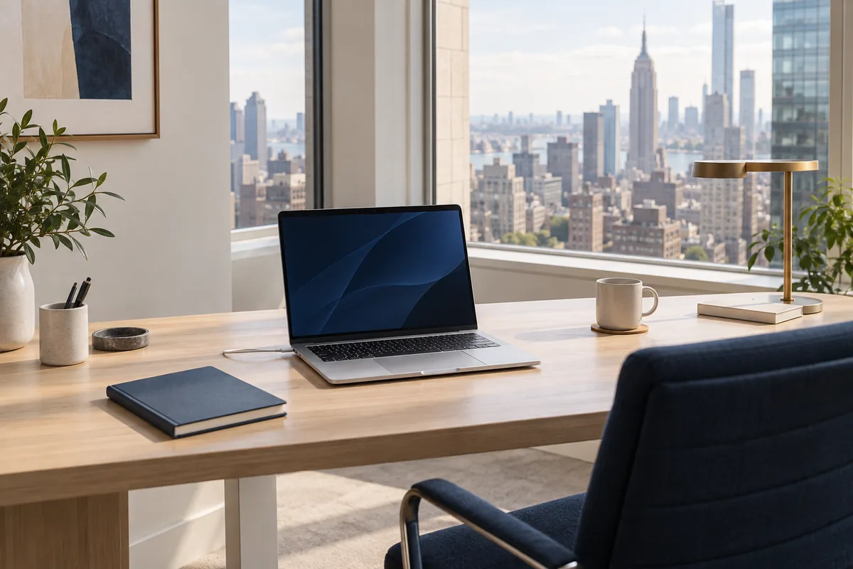 Illustrative bright office workspace with a laptop and New York City views